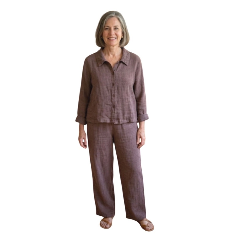Flax Women's Linen Blend Two-Piece Pantsuit in Mauve Brown
